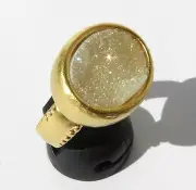 Artisan Hammered Yellow Gold Set Amazing Oval Ring White Druzy Agate Sz 6.5