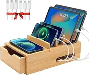Bamboo Charging Station for Multiple Devices, Desk Charging Organizer with Drawer & Tray, Wood Docking Station Included 6 Cables, Compatible with Apple Devices, Cell Phone, Tablet (No USB Charger)