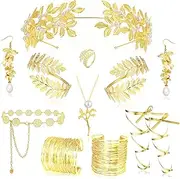 [LOFITOR] 11Pcs Greek Goddess Costume Accessories Set for Women Golden Laurel Leaf Crown Headband Leaf Armband Coil Bracelet Pearl Leaf Dangle Earring Necklace Leaf Ring Waist Belt Wedding Toga Cosplay