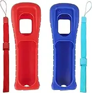 Jadebones 2X Silicone Skin Case Cover with Wrist Strap for Nintendo Wii Remote Controller (Red+Blue)