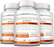 Approved Science® Ashwagandha 1500mg with Bioperine® and Ginger- Alleviate Sleeplessness, Enhance Memory, Boost Mood & Energy - 60 Vegan Friendly Organic Capsules (3 Bottles)