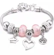Charm Bracelet. Heart, Tree Of Life, Princess, Pink And Silver Charms.