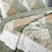 BEAUTIFUL COTTAGE CHIC VINTAGE PATCHWORK WHITE SAGE GREEN COUNTRY QUILT SET