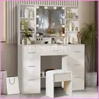Large Dressing Table and Stool with LED Makeup Mirror Vanity Desk 7 Drawer White