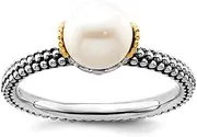 [Stackable Expressions] 925 Sterling Silver and 14k 7.0 7.5mm White Freshwater Cultured Pearl Ring USA Size 6 Jewelry for Women