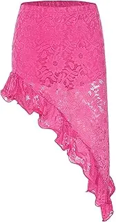 [TiaoBug] Women's Floral Lace Ruched Ruffle Trim Asymmetrical Hem Elastic Waisted Swing Latin Belly Dance Skirt