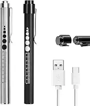 YUENTOEN 2PCS Pen Light, LED Pupil Gauge Penlight with 2 Light LED Sources, USB Rechargeable Mini Penlight for Home Camping Outdoor and Emergency (Black+Silver)