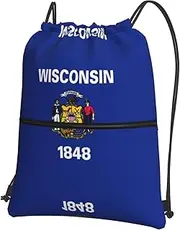 EdWal Wisconsin State Flag Print Drawstring Backpack Gym Bags Sports Bags With Zipper Pocket For Travel Swimming Beach, Black, One Size