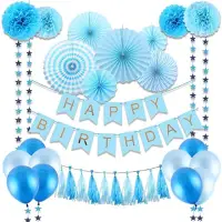 在飛比找momo購物網優惠-【WIDE VIEW】藍色生日佈置紙花扇氣球套組(附打氣筒 
