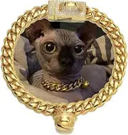 18K Gold Cat Dog Collar Kitten Puppy Wide Stainless Steel Kitten Choker Cubia Zirconia Curb Chew Proof Cuban Link 12mm Chain with Gold Bell