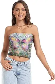 [RPLIFE] Colorful Butterfly Garden Cropped Tube Top Strapless Top, Mesh Tube Tops, Sexy Tube Tops (S)