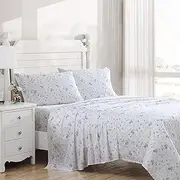 [Laura Ashley] Home - King Sheets, Soft Sateen Cotton Bedding Set - Sleek, Smooth, & Breathable Home Decor (Garden Muse Blue, King)