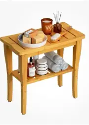 Bamboo Shower Bench Stool with Storage Shelf, Waterproof Shower Chair Spa Bath S