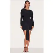 Black Slinky Long Sleeve Wrap Twist Detail Mini Dress, Black