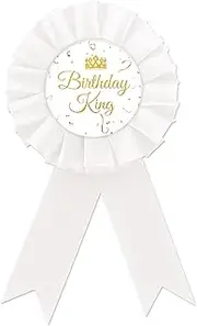 [PINKAAJ] Birthday King Tinplate Badge Pin, White & Gold Rosette Button for Men Boy, Crown Happy Birthday Award Badge Pin, Kids Theme Birthday Party Decorations, tinplate, rosstte