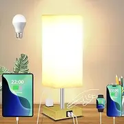 Bedside Table Lamp for Bedroom with AC Outlet, Square Flaxen Fabric Shade Nightstand Lamp, 3 Way Dimmable Touch Lamp with Dual Charging Station for Living Room, Desk, Home Office(LED Bulb Included)