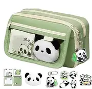 Large Capacity Multi Layer Pencil Case, Panda Pencil Pouch with Compartments, Large Pen Pencil Case Stationery Pouch Bag Case, Panda School Supplies Pencil Case with Panda Keychain Brooch Stickers