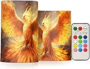 XYMZR Fire Phoenix Closeup Flameless Candles with Remote Set of 2 - No Batteries Included, 3” Diameter Battery Candles Flickering with Timer, LED Pillar Votive Candles for Outdoor Indoor