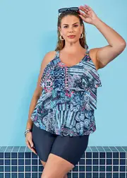 [Taking Shape] Taking Shape Indigo Tiles Frill Tankini Size 30 in Print - Plus Size Women's Swimwear Print