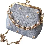 [LIFKOME] Woven Lace Embroidered Shoulder Bag Purses Chic Beach Handbag Embroidered Purse Women Straw Woven Clutch Tote Bags Clip Bags Embroidery Bags Sky-blue