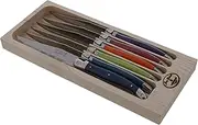Jean Dubost Laguiole 6-Piece Steak Knife Set, Paris Colors Handles - 1.2 mm Blades - Rust-Resistant Stainless Steel - Includes Wooden Tray - Made in France