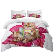 Funny Cat Ginger Kitten Reading a Book on Leaf Quilt Cover