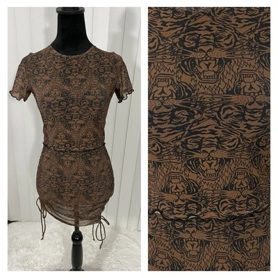 ED HARDY Tiger Print Sheer Mesh Mini Skirt Set Dress Swimsuit Coverup Brown S