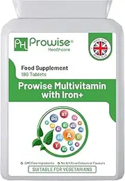 Multivitamin & Iron 180 Tablets (6 Months Dose) Immune Support - One A Day Multi-vitamin Supplement – UK Manufactured | GMP Standards by Prowise Healthcare - Suitable For Vegetarians