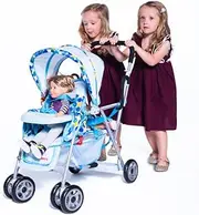 Joovy Toy Caboose Baby Doll Stroller Featuring Reclining Front Seat, Adjustable Footrest, Storage Basket, Extendable Canopy, and Snack Tray - Holds 3 Dolls (Blue Dot)