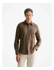 [Trenery] Regular Fit Brushed Windowpane Check Shirt in Latte