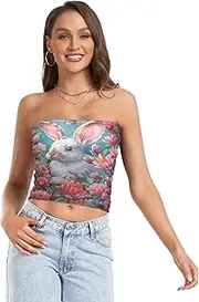 [RPLIFE] White Rabbit Pink Flowers Coastal Summer Tops, Strapless Crop Top for Women, Sheer Tube Tops, Trendy Crop Tops (S)
