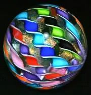 TAZZA GLASS MARBLE/3.068"RAINBOW 10 CANE FILIGRANA SPARKLER-WIDE DICHROIC RIBBON
