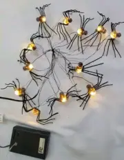 HALLOWEEN 12 SPIDER LIGHT Strand Black GRAY Warm White INDOOR Battery Timer NIB