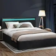 Oikiture Bed Frame Double Size Pu Leather Bed Frame Gas Lift with Storage and LED Light Bed Base Black