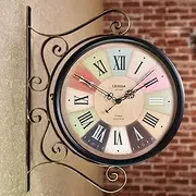 Outdoor Garden Wall Clock, Wrought Iron Retro Double Sided Station Clock Garden Clock 360° Rotation Waterproof Outdoor Clock Decoration Outside Clock (E)