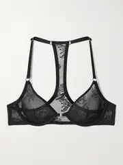 [FLEUR DU MAL] FLEUR DU MAL - Bouquet Silk-blend Satin-trimmed Lace Underwired Soft-cup Bra - Black - 32C 32 C Black