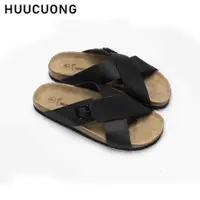 在飛比找蝦皮購物優惠-[高品質] Hucuong 男士拖鞋帶扣交叉帶黑色和真皮稻殼