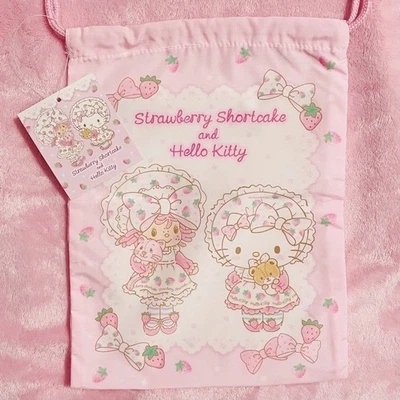 RARE Sanrio Hello Kitty x Strawberry Shortcake Pink Drawstring Bag Pouch