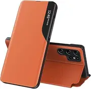 COTDINFOR Case for Samsung S23 Ultra, Galaxy S23 Ultra Case Clear View Leather with Kickstand Magnetic Flip Case Women Men Shockproof Protective Cover for Samsung Galaxy S23 Ultra,Windows Orange