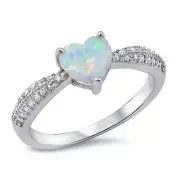 Sterling Silver 925 PRETTY HEART DESIGN WHITE LAB OPAL PROMISE RING SIZES 5-10*