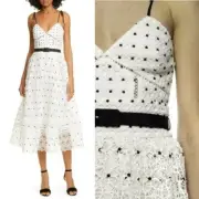 NWT Self Portrait Belted White Black Polka Dot Lace Midi Dress UK12