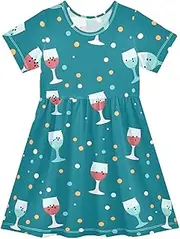 [WOIWB] Girls' Short-Sleeve Dress, Cups Print Summer Dresses, Toddler Casual Sundress 2T, Multicolor, 7-8 Years