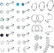 [Kakonia] Surgical Steel Cartilage Stud Earrings Set for Women Men Small CZ Opal Flat Back Stud Hoop Earrings Silver Gold 20G Septum Helix Conch Daith Tragus Earrings Piercing Jewellery 38/40Pcs