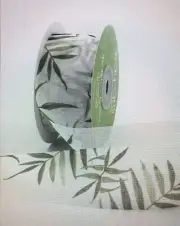 MAY ARTS RIBBONS~MESH~CHIC GREEN FRONDS ON WHITE~1 & 1/2 INCHES WIDE~SOLD BTY