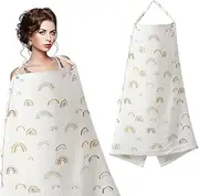 Muslin Nursing Cover for Breastfeeding, Soft&Breathable Cotton Breastfeeding Cover for Women,Privacy Nursing Covers with Arch Neckline Adjustable Hoop for Mother Nursing Apron（White-Rainbow）