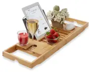 Bamboo Bathtub Caddy Over the Tub Bath Tray Holder adjustable NEW Sealed w/pouf