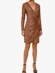 DKNY Womens Taupe Sequined V Beck Knee Length Cocktail Dress Size 14. Free Shipp
