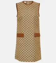 [Gucci] Gucci GG leather-trimmed canvas minidress AU 14 brown