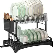 ARyee Dish Drainer Rack, 2 Tier Dish Drainer with Drip Tray and Drainer Mat, Stainless Steel Dish Rack with Utensil Holder, Swivel Spout, Cutting Board Holder and Cup Rack for Kitchen Counter