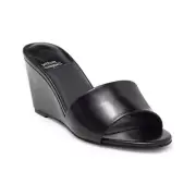Jeffrey Campbell Womens Black Leather Slip On Open Toe Wedge Sandals Sz 9 NIB